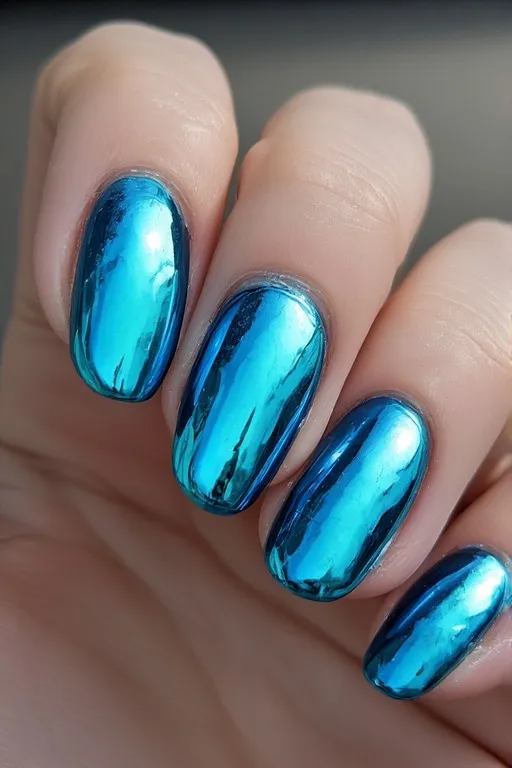  turquoise chrome mirror almond nails