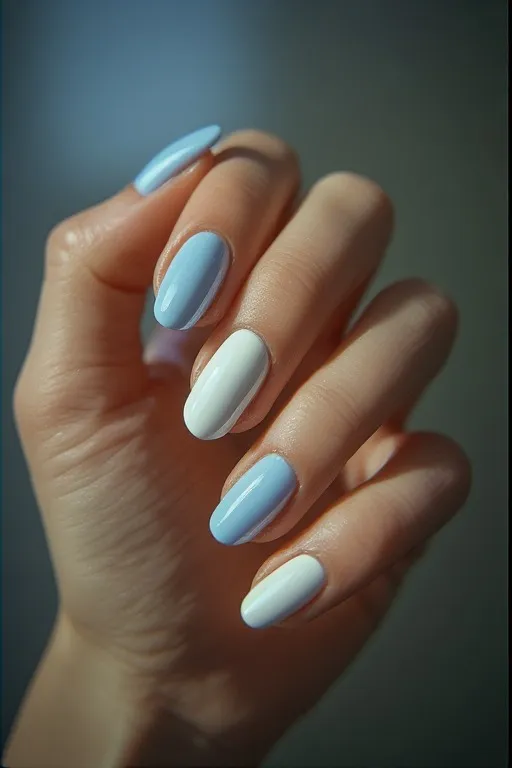  alternating baby blue and white nails