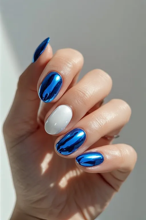 blue-and-white-nails-blue-chrome-white-accent.jpg blue chrome nails with white accent nail