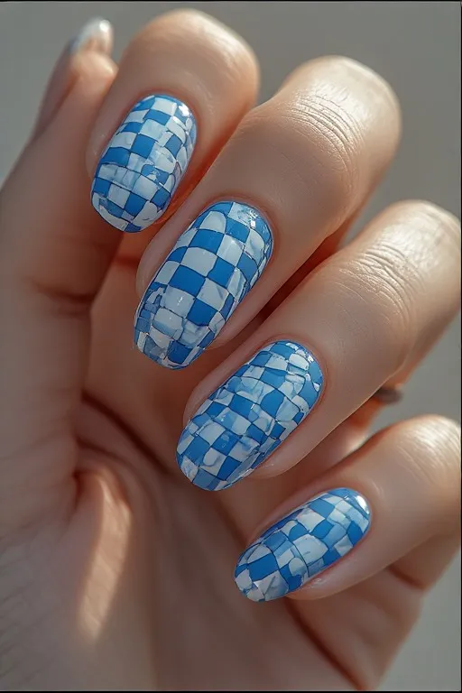  blue and white checkered nails