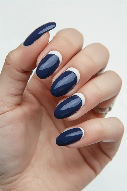 blue-and-white-nails-navy-white-half.jpg navy and white color block half nails