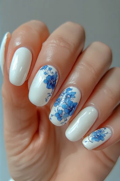 white nails with blue floral nail art