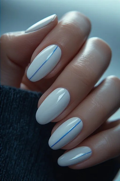  white nails with blue negative space lines
