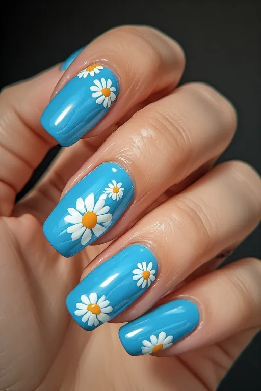 aqua blue glazed nails with white daisy