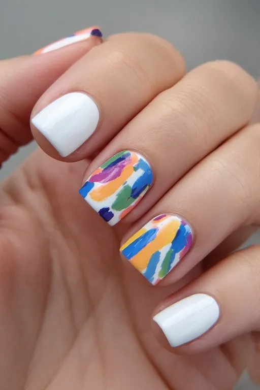  white nails with abstract brushstroke nail art