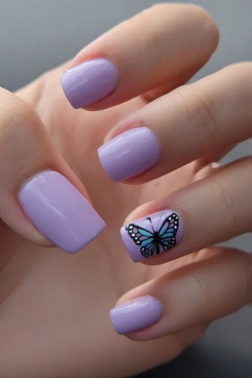  lavender nails with butterfly nail art accent