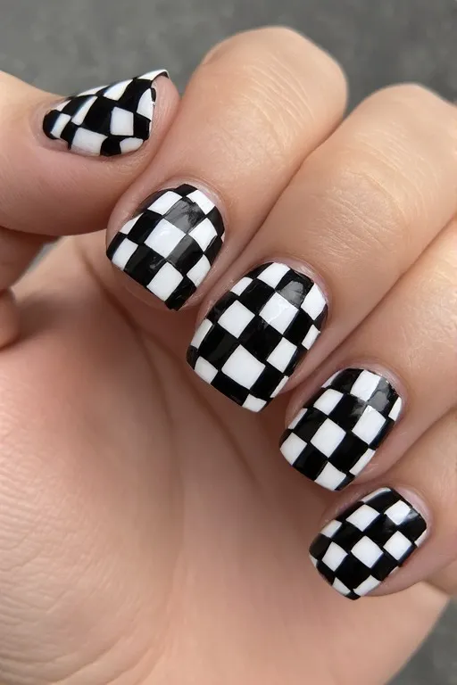 black and white checkerboard summer nails