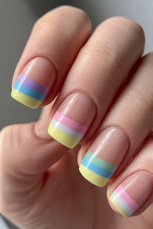 nude nails with colorful rainbow french tips
