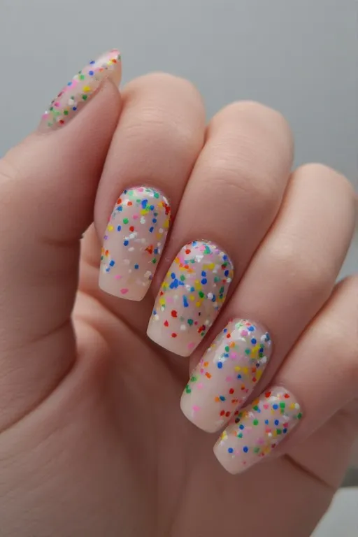  sheer nails with multicolor confetti nail art