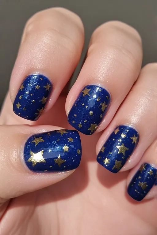 navy blue nails with gold star nail art