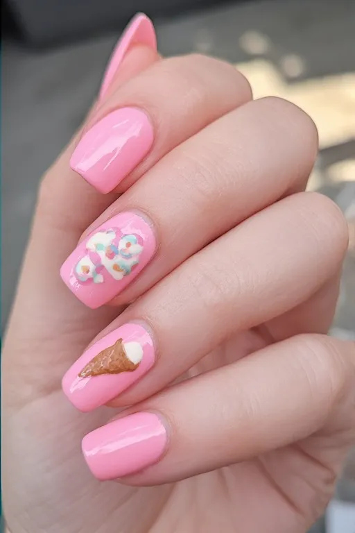 pink nails with ice cream cone nail art accent