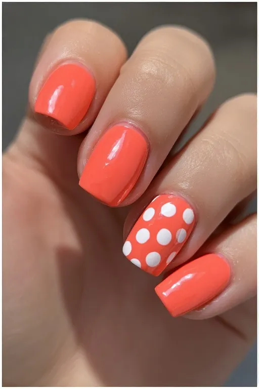 coral nails with white polka dot accent