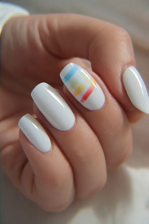 white nails with rainbow stripe accent