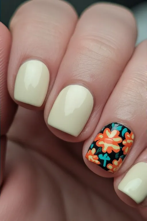  cream nails with retro flower power nail art