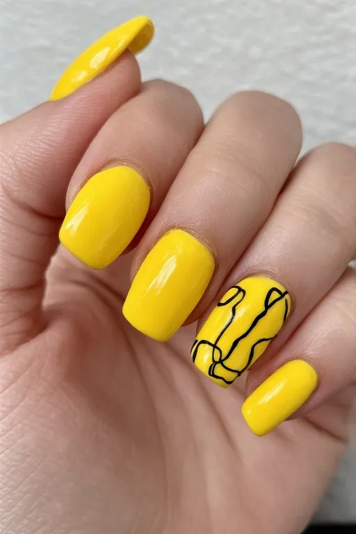  yellow nails with squiggly line nail art accent