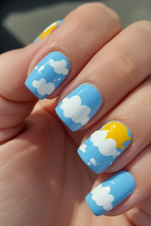  light blue nails with sun and cloud nail art