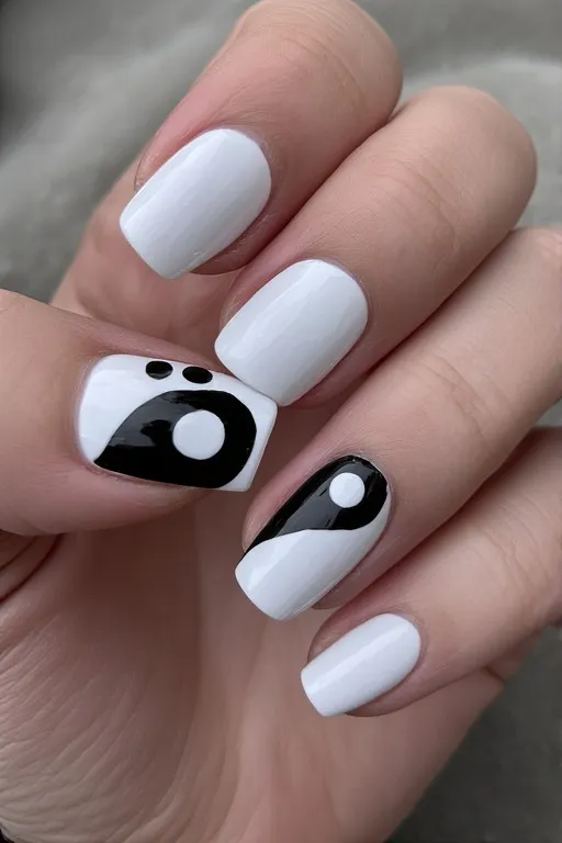 white nails with yin yang nail art accent