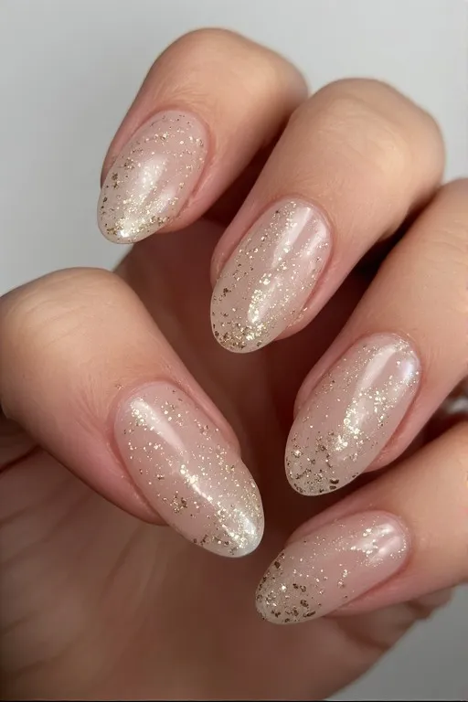 clear nails with gold flake detail