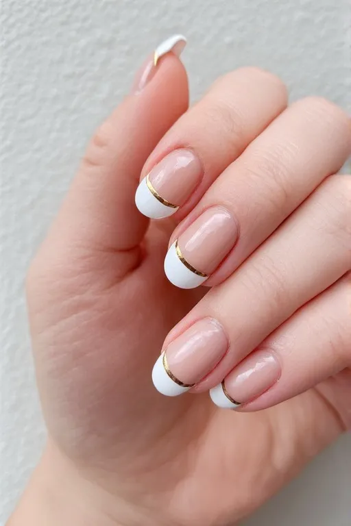  french tip nails with gold smile line detail