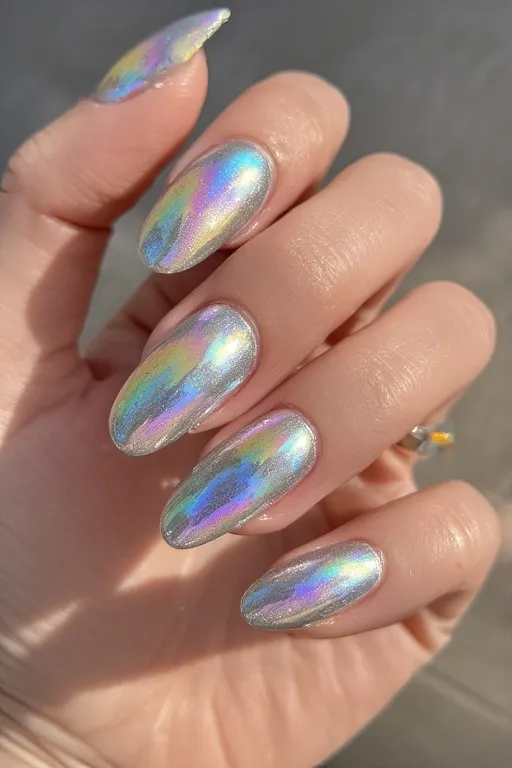  holographic silver rainbow oval nails