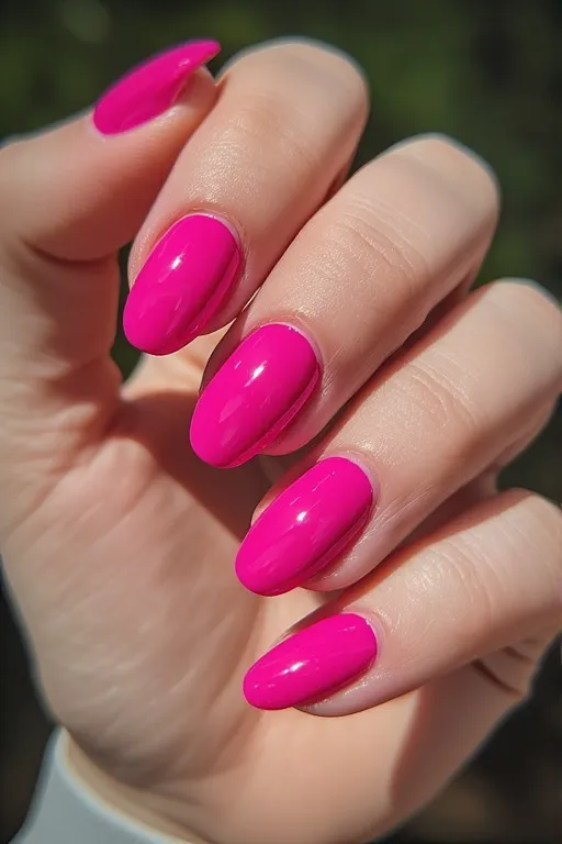  hot pink glossy oval nails