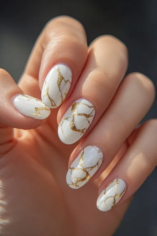  white nails with gold marble veining