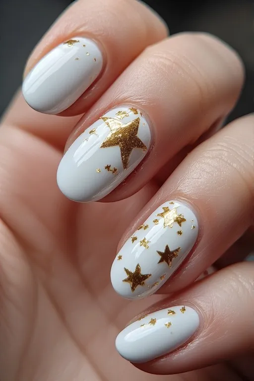 white nails with gold star accent