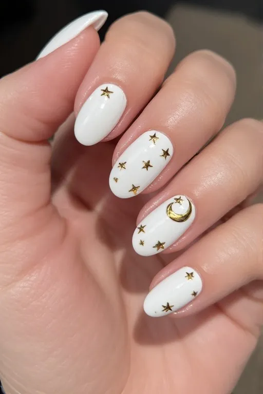  white nails with gold moon and star detail