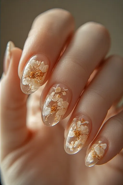 clear nails with dried flowers inside