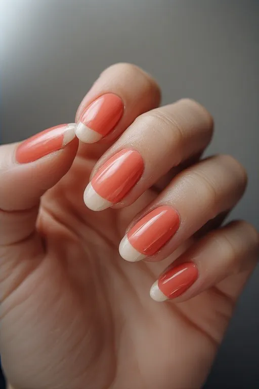 coral french tip sheer nude oval nails
