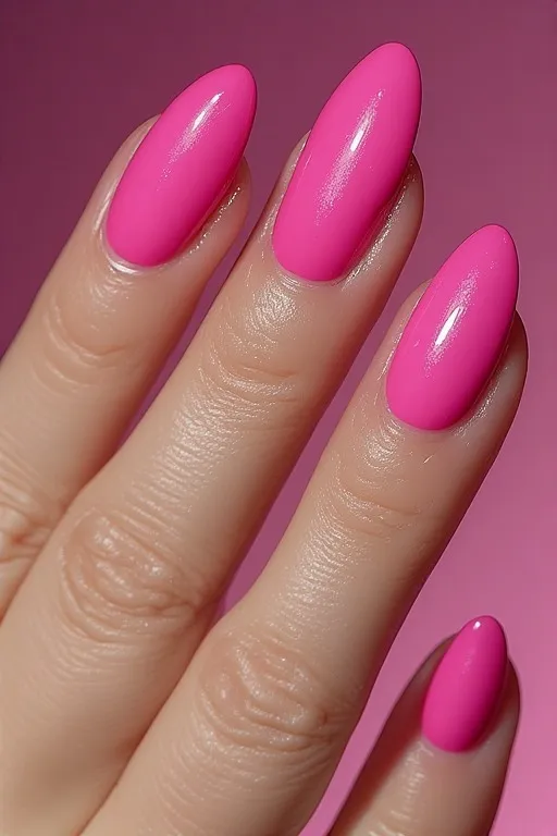 hot pink glossy oval nails
