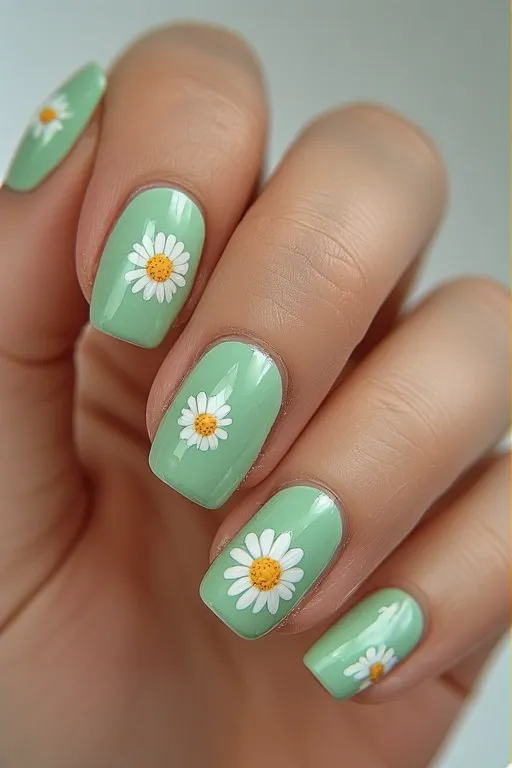 mint green nails with white daisy accent