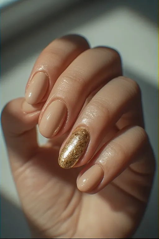 nude nails with gold foil accent
