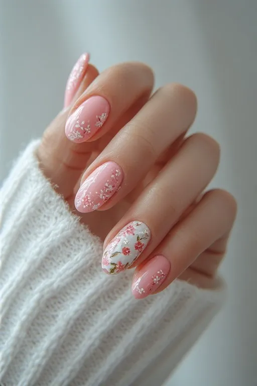 soft pink nails with floral nail art accent