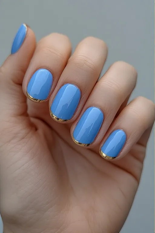sky blue nails with thin gold tip