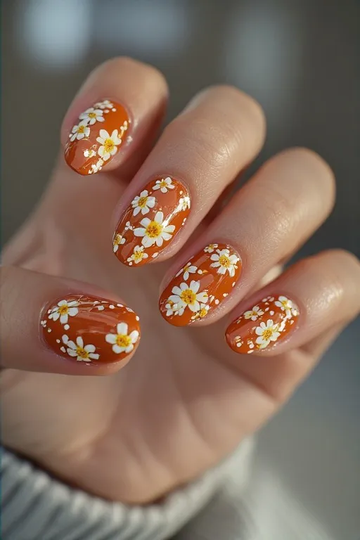 terracotta nails with floral accent art