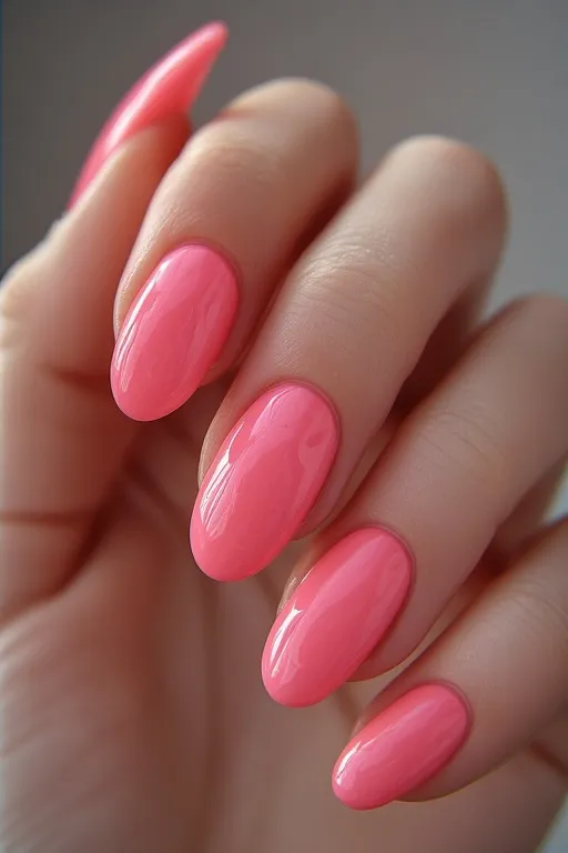 watermelon pink glossy oval nails