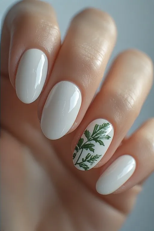 white nails with green leaf botanical accent