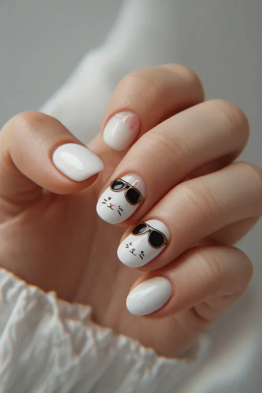 
white nails with bunny in sunglasses nail art