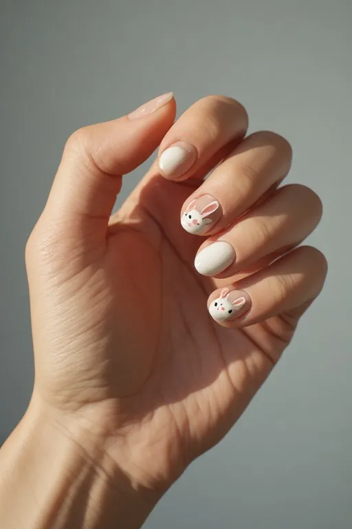 
nude nails with peekaboo bunny cottontail art