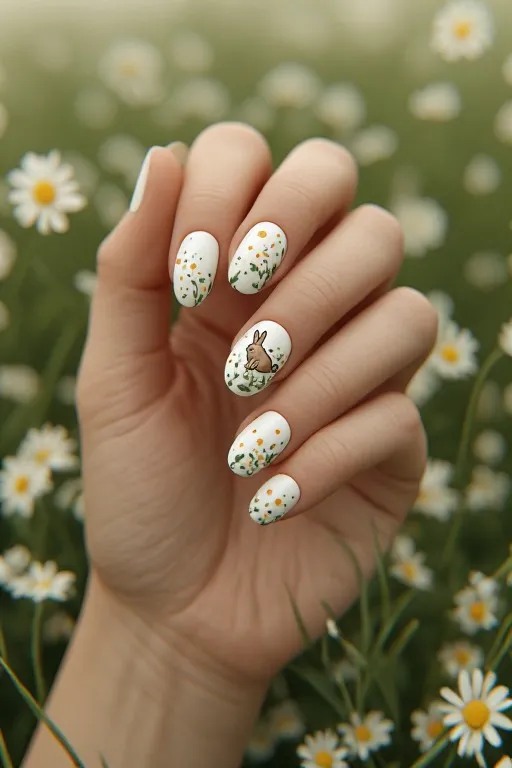 white nails with bunny in flower field scene