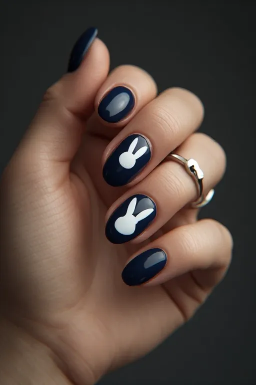 navy nails with white bunny silhouette nail art