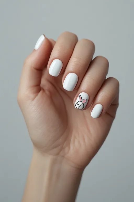 white nails with bunny speech bubble nail art