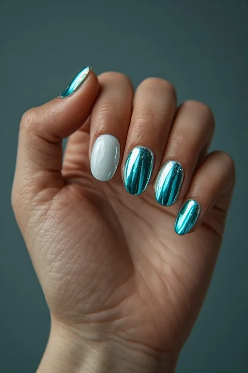 aqua chrome halo oval nails white center