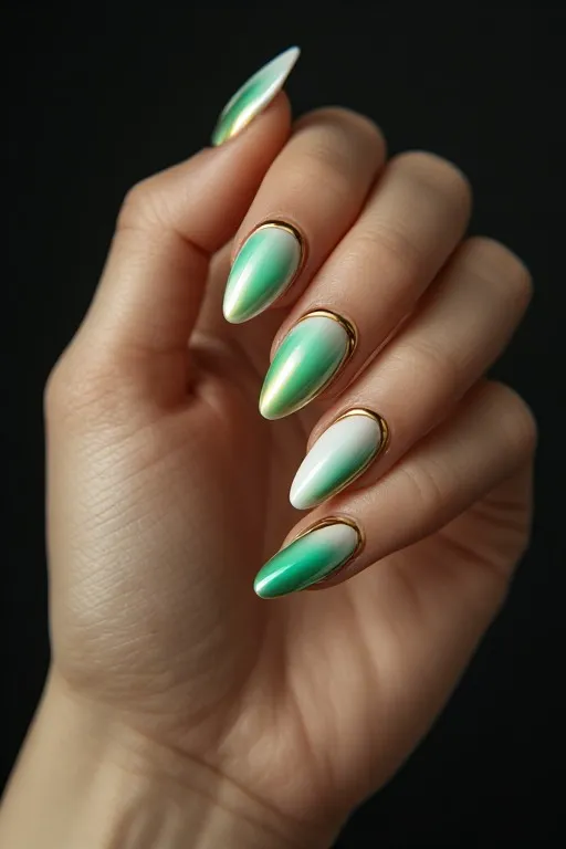 duochrome halo almond nails milky white base