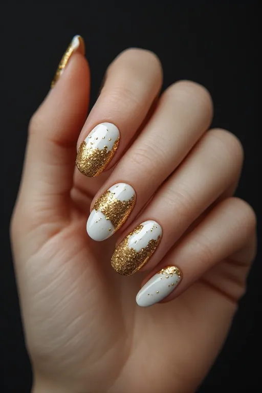 gold glitter halo oval nails white center