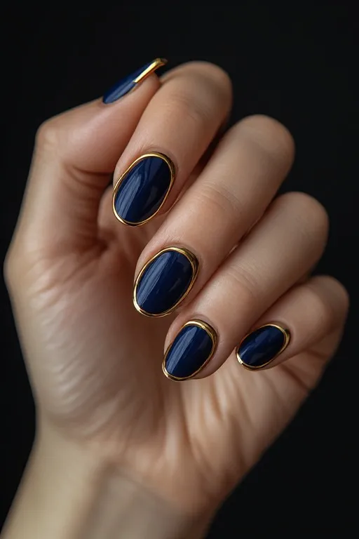 gold chrome halo oval nails navy base