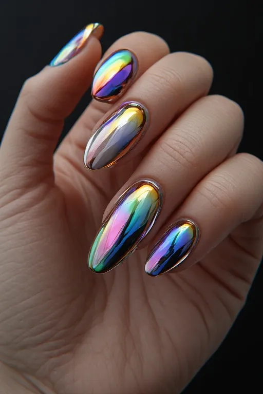 rainbow chrome halo oval nails clear center