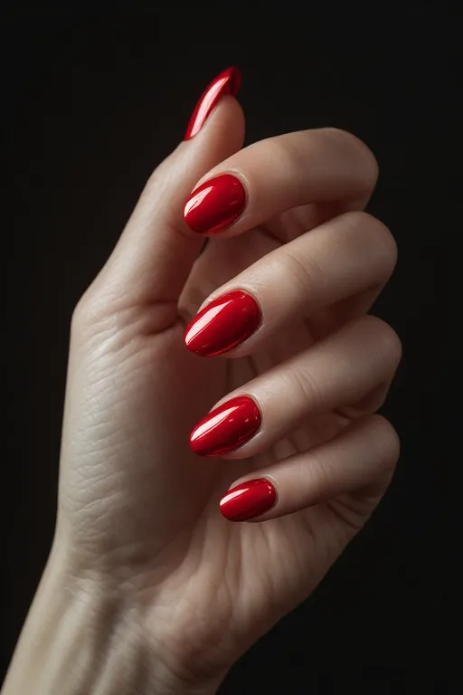red chrome halo oval nails nude base