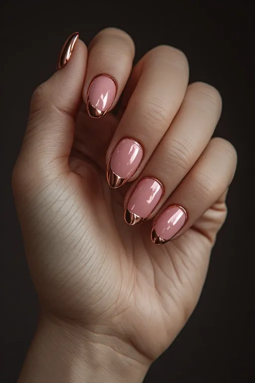 rose gold chrome halo almond nails pink center